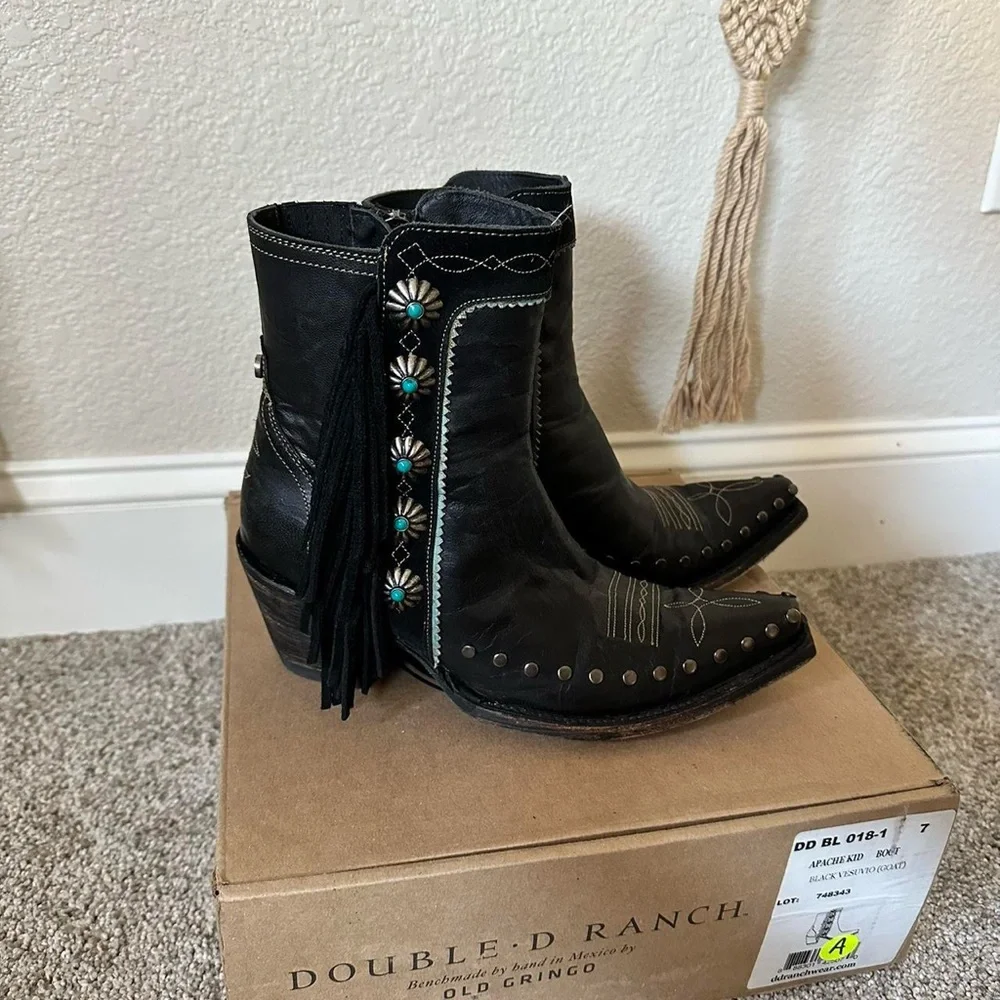Double D ranch x Old Gringo Black and turquoise fringe cowboy boots - Picture 5 of 12